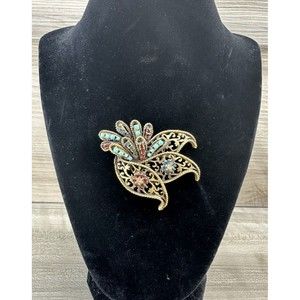 Vtg Rare BSK Brooch/Pin Bronzed Metal Red Blue Turquoise Rhinestones